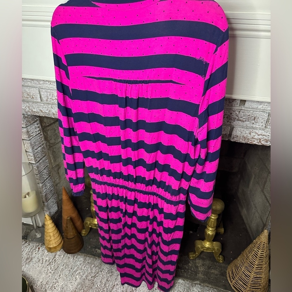 Lilly Pulitzer Beckett Stripe Balloon Sleeve Cinch Waist Pink and Navy Dress - Picture 2 of 5